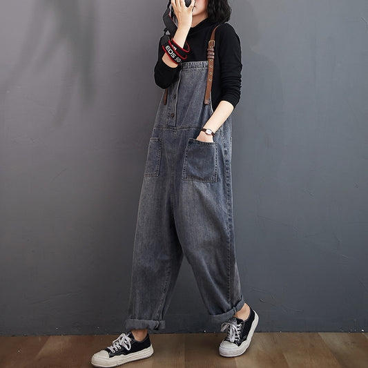 Women's Loose-washed Nine-point Denim Overalls Women dealsniper-net