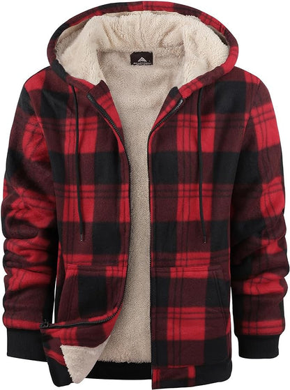 Men's Plaid Print Hooded Zip-Up Jacket Winter Coat Clothing