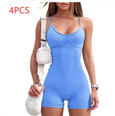 Spaghetti Strap Shorts Jumpsuit Sports Yoga Workout Tight Women dealsniper-net Blue L 4PCS