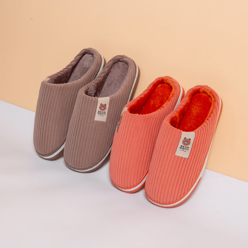 Solid Color Striped Slippers For Women Thick-soled Anti-slip Indoor Warm Plush Home Shoes Couple Women Men Slipper Winter Women dealsniper-net