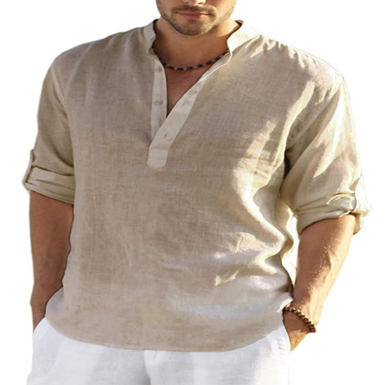 Men's Casual Cotton Linen Solid Color Long Sleeve Shirt Loose Stand Collar Deals DealSniper.net