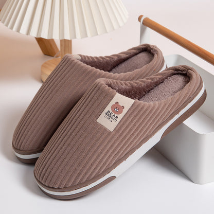 Solid Color Striped Slippers For Women Thick-soled Anti-slip Indoor Warm Plush Home Shoes Couple Women Men Slipper Winter Women dealsniper-net Coffee 40to41