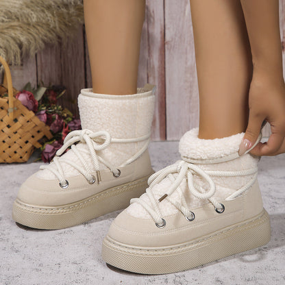 Fashion Lace-up Snow Boots Winter Flat Thick-soled Boot Women DealSniper.net Beige Size36