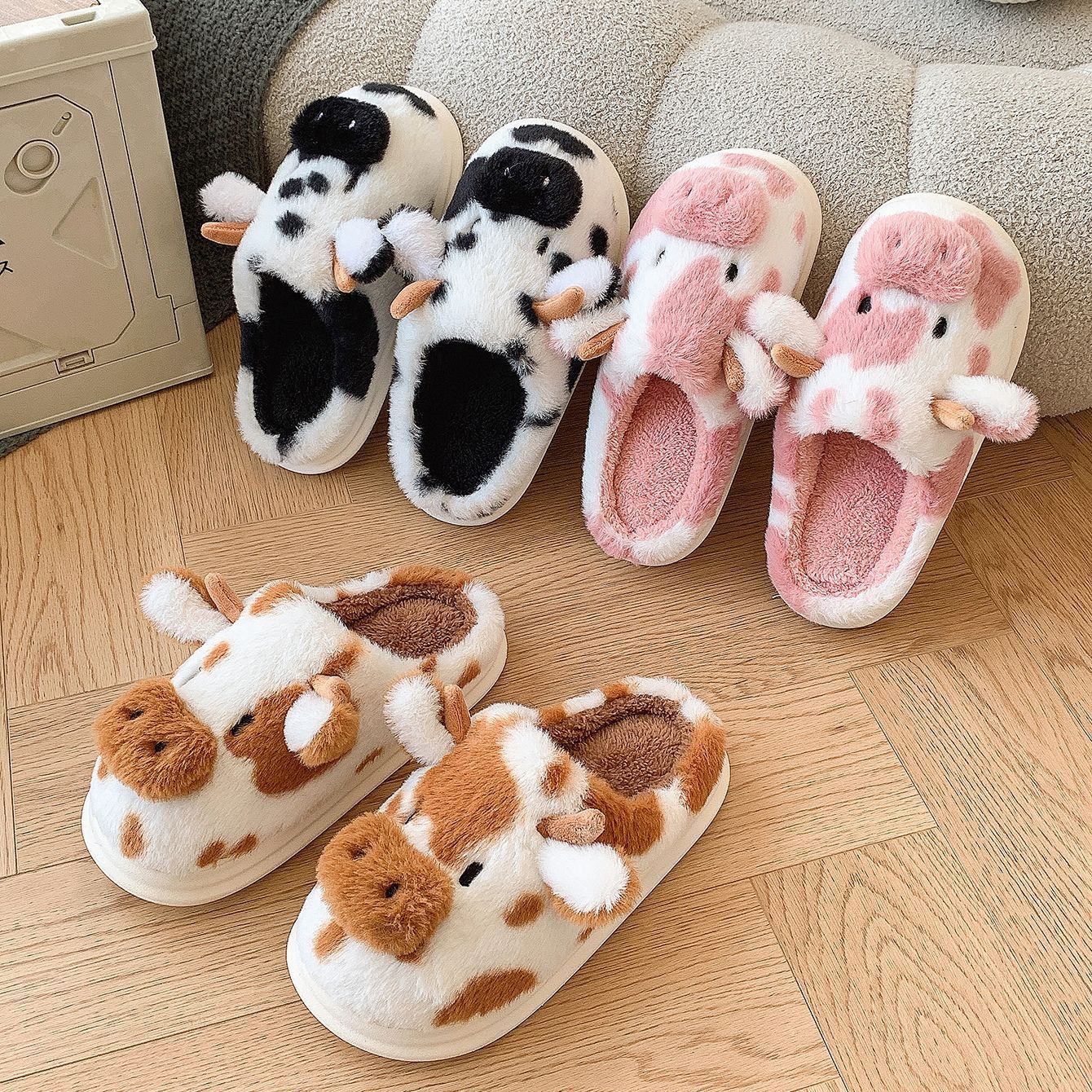 Cute Cartoon Cow Plush Slippers Winter Warm Indoor Shoes