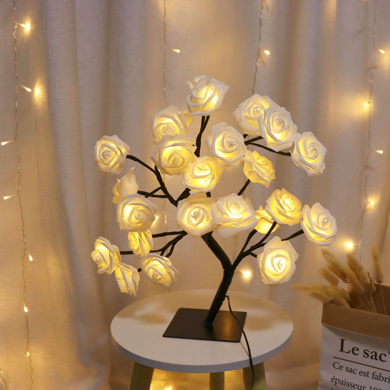 Bedroom Room Rose Tree Lamp Decoration Home Decor Gym From House White rose 24lights on black USB