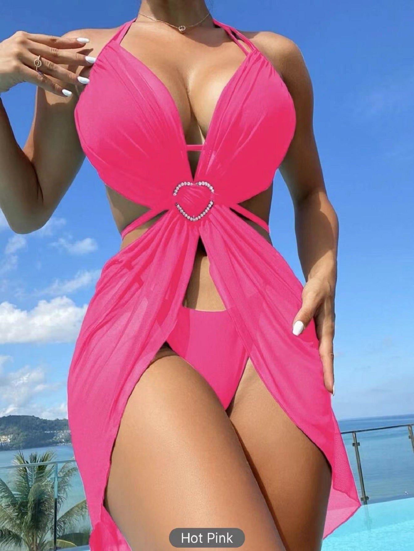 3 pcs Halter Neck Bikini Beach Summer Split Swimsuit Women dealsniper-net Dark Pink L