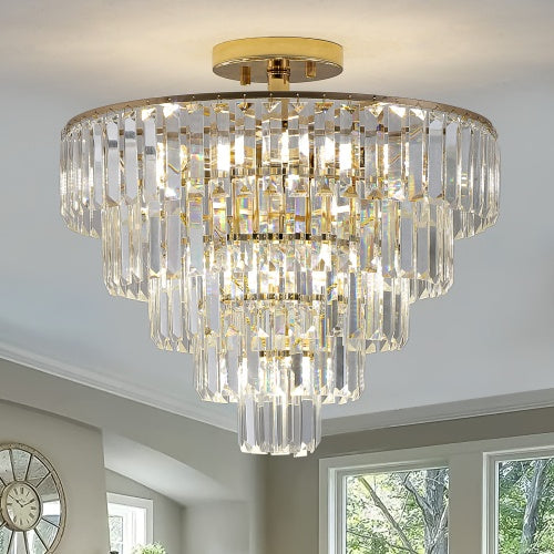 Golden Crystal Chandelier 5-layer Round Semi-recessed