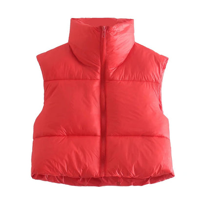 Winter Short Vest For Women Solid Color Zip Sleeveless Lapel Jacket Fashion Bread Coat Women dealsniper-net Red L