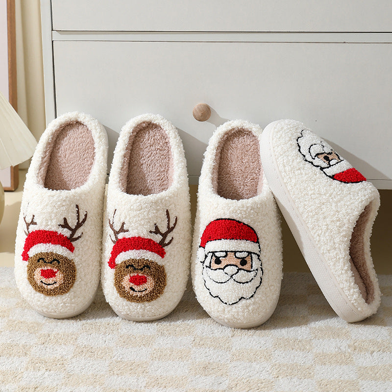 Christmas Home Slippers Cute Cartoon Santa Claus Cotton Slippers For Women And Men Couples Winter Warm Furry Shoes Women dealsniper-net