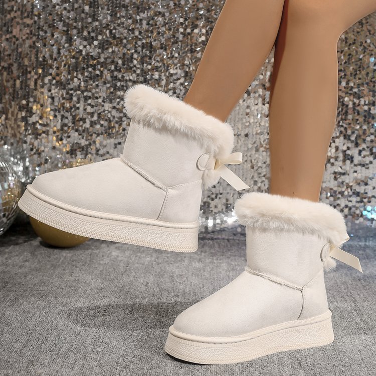Winter Snow Boots With Bowknot Fashion Round Toe Flat Women DealSniper.net Beige Size36