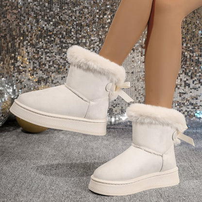 Winter Snow Boots With Bowknot Fashion Round Toe Flat Women DealSniper.net Beige Size36