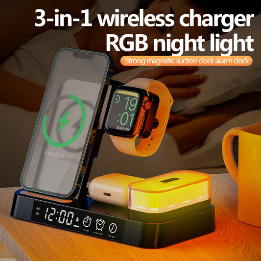 4 In 1 Multifunction Wireless Charger Station With Alarm Clock Display Foldable Wireless Charger Stand With RGB Night Light Electronics dealsniper-net