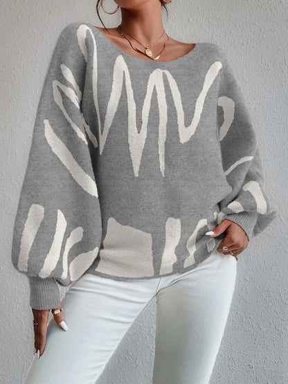 New Lantern-sleeved Pullover Sweater Fashion Line Printed