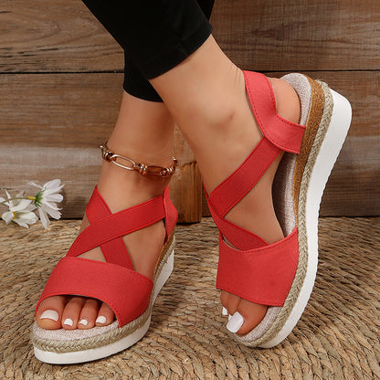 Wedge Sandals For Women Cross-strap Platform Gladiator Hemp Heel Shoes Summer Women DealSniper.net Red 35