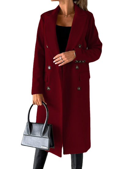 Long Sleeve Lapel Coat Winter Fashion Solid Double Breasted Women dealsniper-net Wine Red 2XL