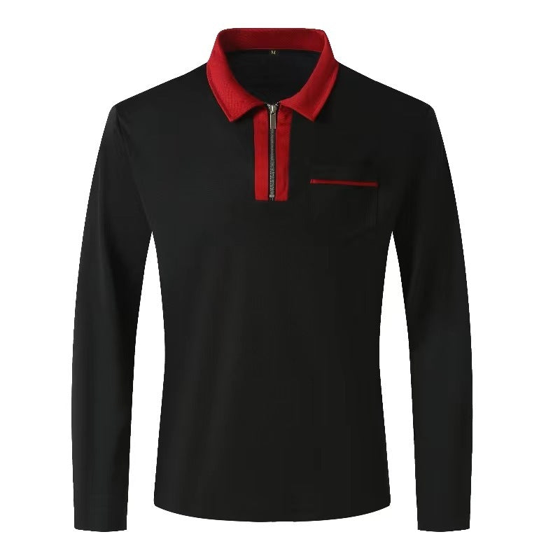Autumn Mens Long Sleeve Zipper Polo Shirts Casual Lapel Men DealSniper.net Black With Red 2XL