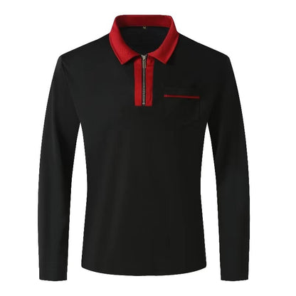 Autumn Mens Long Sleeve Zipper Polo Shirts Casual Lapel Men DealSniper.net Black With Red 2XL