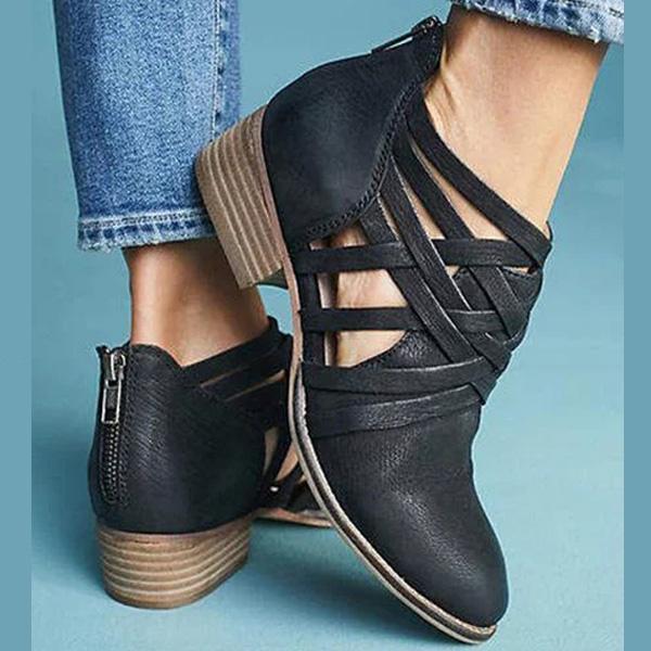 New Pointed Thick Heel Hollow Short Boots Women Gym From House Black 35