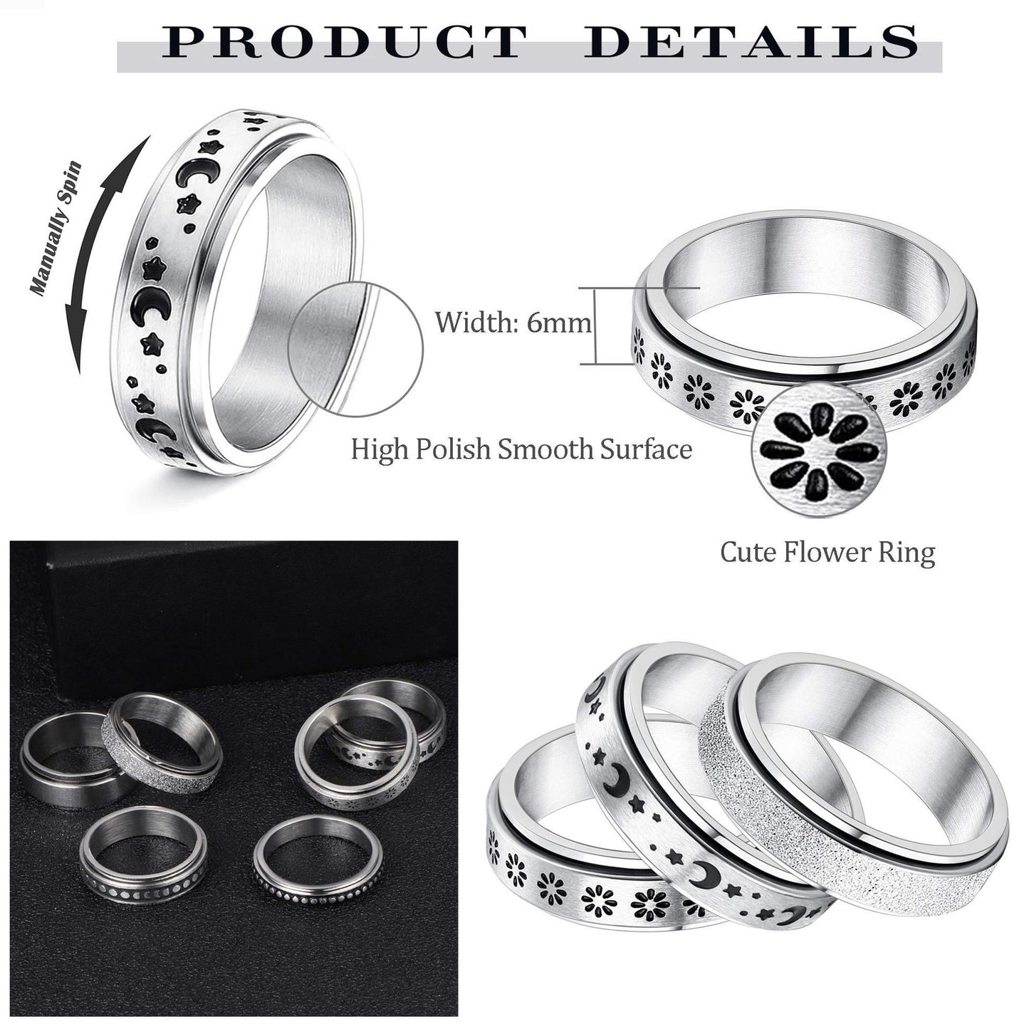 Stainless Steel Rotatable Spinner Ring Moon Stars Relieve Anxiety Rings Jewelry dealsniper-net