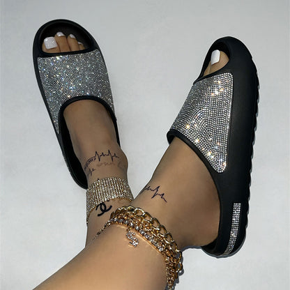 Rhinestone Slippers Women PeepToe Thick Sole Shoes Fashion Slides Summer Women dealsniper-net Black 37.