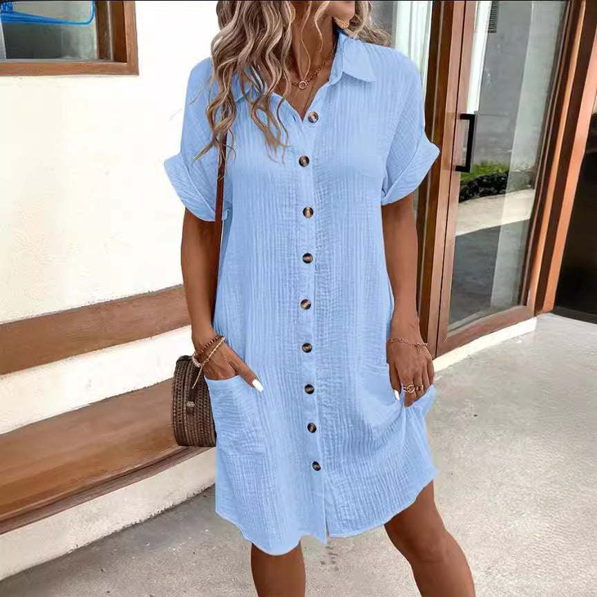 Summer Short Sleeve Shirt Dress Fashion Solid Color Women dealsniper-net