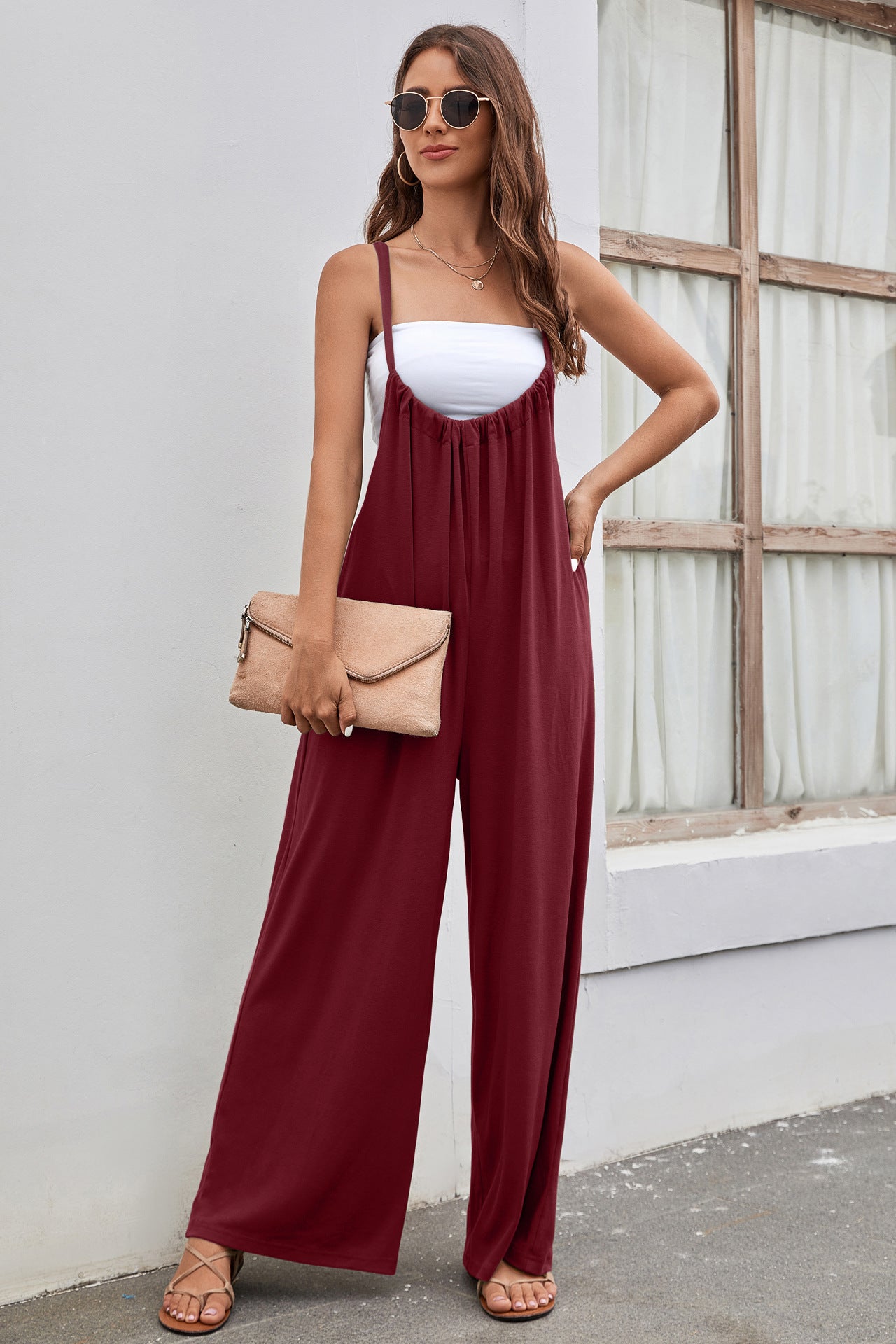 Strap High Waist Casual Wide Leg Jumpsuit Women dealsniper-net Wine Red L