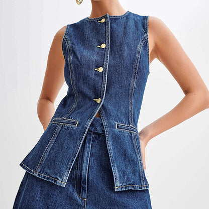 Fashion Denim Suit Summer Casual Sleeveless Button Vest Women dealsniper-net Top L