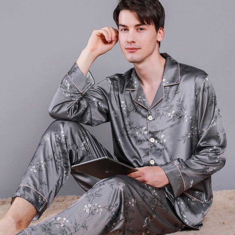 Men's Pajamas Silk Spring Long Sleeve New Print Cardigan Men DealSniper.net Gray Branches And Leaves L