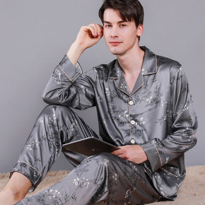 Men's Pajamas Silk Spring Long Sleeve New Print Cardigan Men dealsniper-net Gray Branches And Leaves L