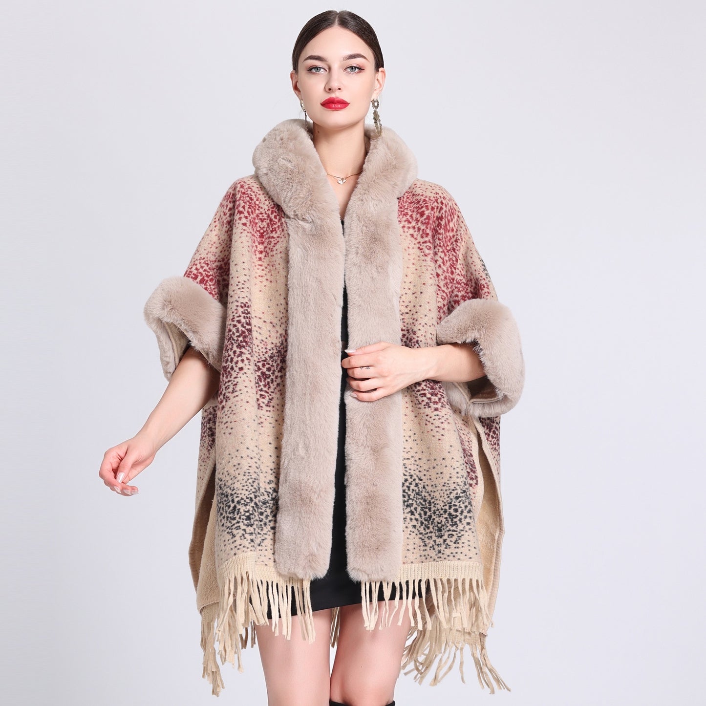 Loose Plaid Plus Cashmere Fur Collar Knitted Inverness Women Gym From House Gradient Ripple Average Size