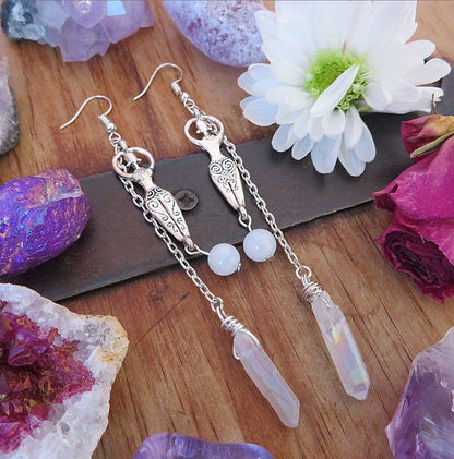 Moonstone And Angel Halo Quartz Wrap Earrings Jewelry dealsniper-net Silver