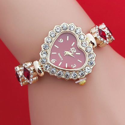 Fashion Love Shape Bracelet Watch Set Diamond Colored Heart Quartz Jewelry DealSniper.net Red