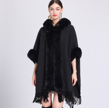 Loose Plaid Plus Cashmere Fur Collar Knitted Inverness Women Gym From House Black Average Size