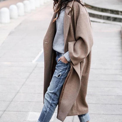 Casual Long Jacket With Pockets Solid Color Single Breasted Lapel Women dealsniper-net Khaki L