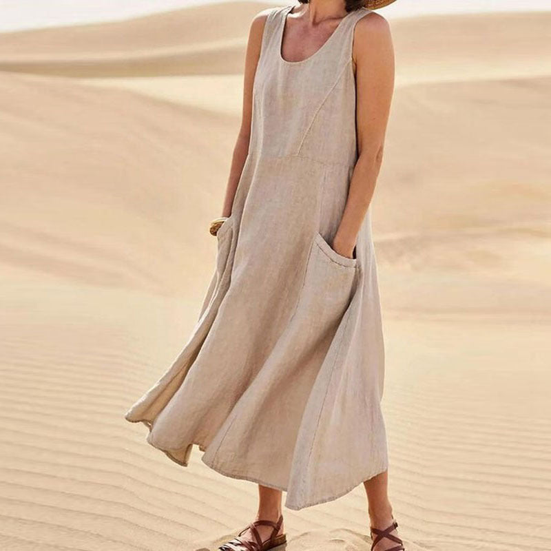 Summer Sleeveless Long Dress With Pockets Fashion Casual Women dealsniper-net Khaki 2XL