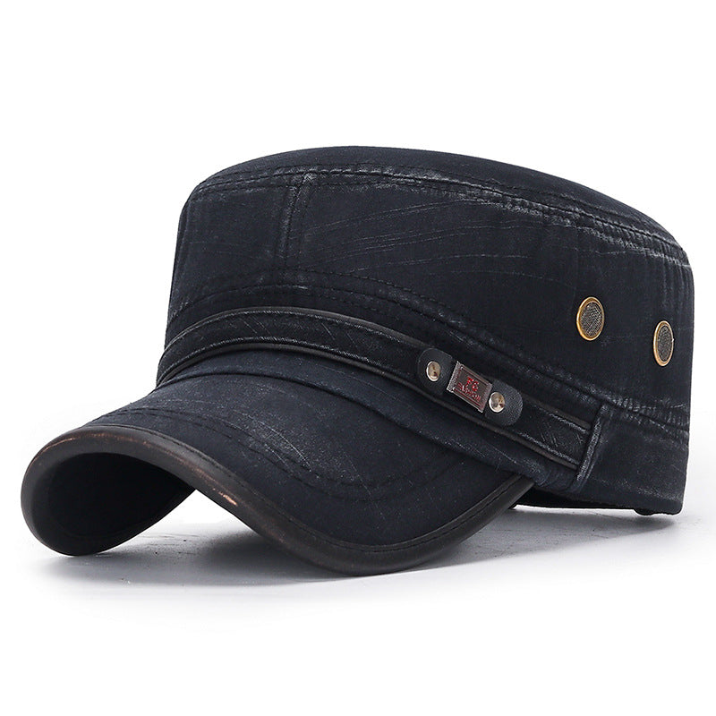 Distressed Flat-top Leather-trimmed Vintage Cotton Hat Men dealsniper-net Black One size