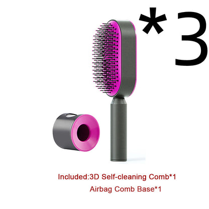 Self Cleaning Hair Brush For Women One-key Cleaning Hair Loss Airbag Massage Scalp Comb Anti-Static Hairbrush Beauty DealSniper.net 3pcs Set C