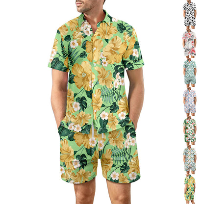 2Pcs Printed Beach Shirt Summer Suit Loose Lapel Button Men DealSniper.net
