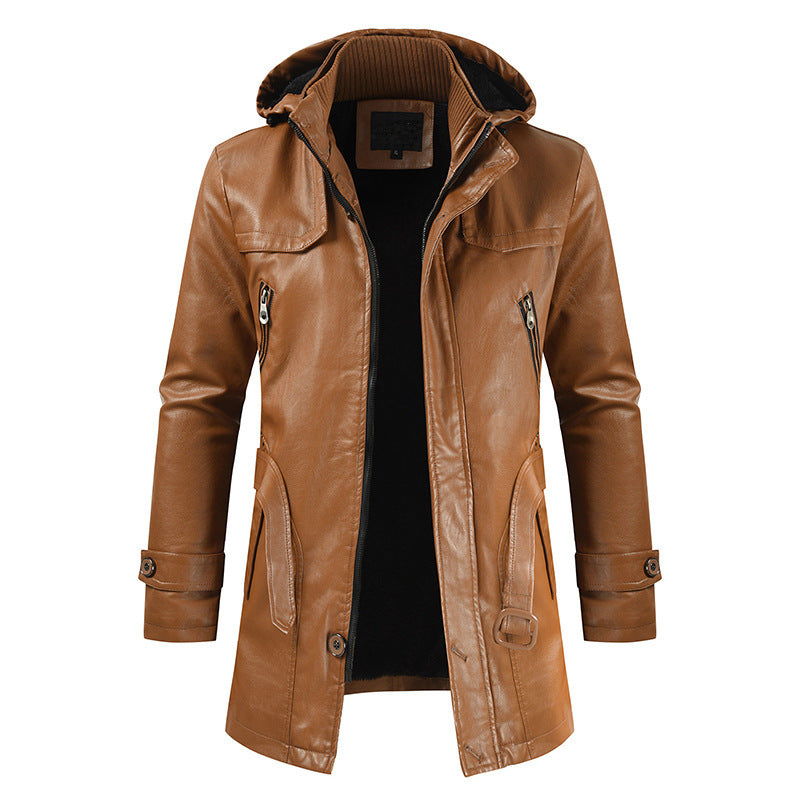 Leather jacket hooded slim coat