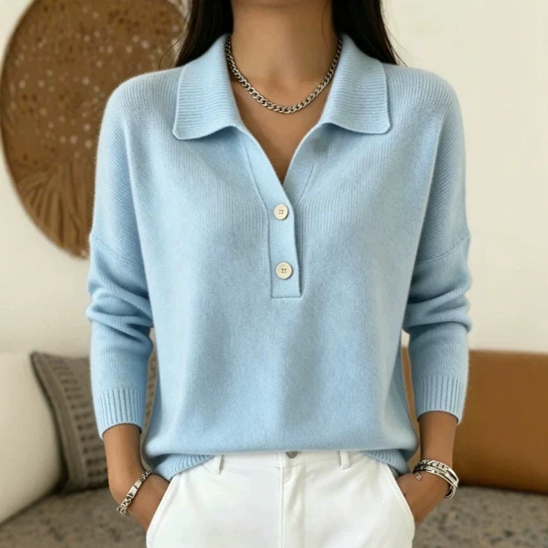 Women 's Polo Collar Knit Sweater Half Button V Neck Solid Color Women Gym From House