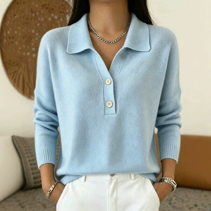 Women 's Polo Collar Knit Sweater Half Button V Neck Solid Color Women Gym From House