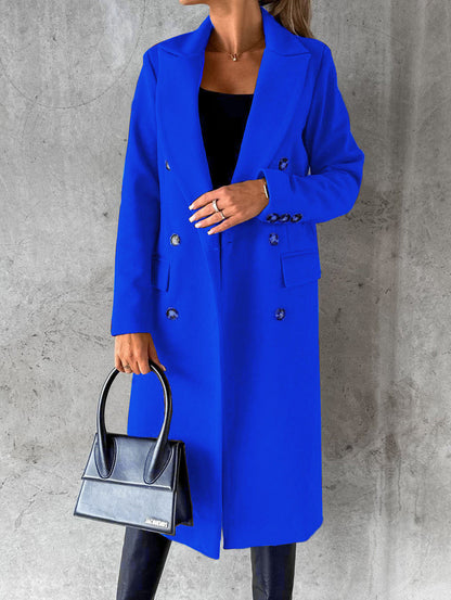 Long Sleeve Lapel Coat Winter Fashion Solid Double Breasted Women dealsniper-net Blue 2XL