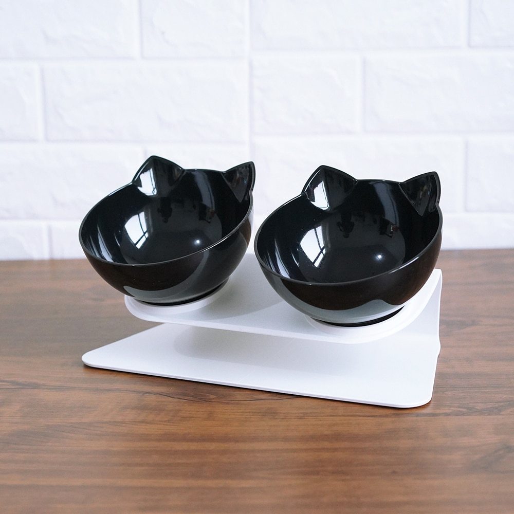 Non Slip Double Cat Bowl With Raised Stand Pet Food Pets dealsniper-net Double black and box