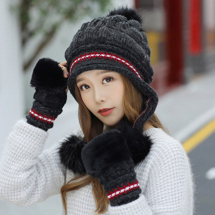 Cozy Knit Fleece-Feel Beanie With Ear Flaps & Pompom