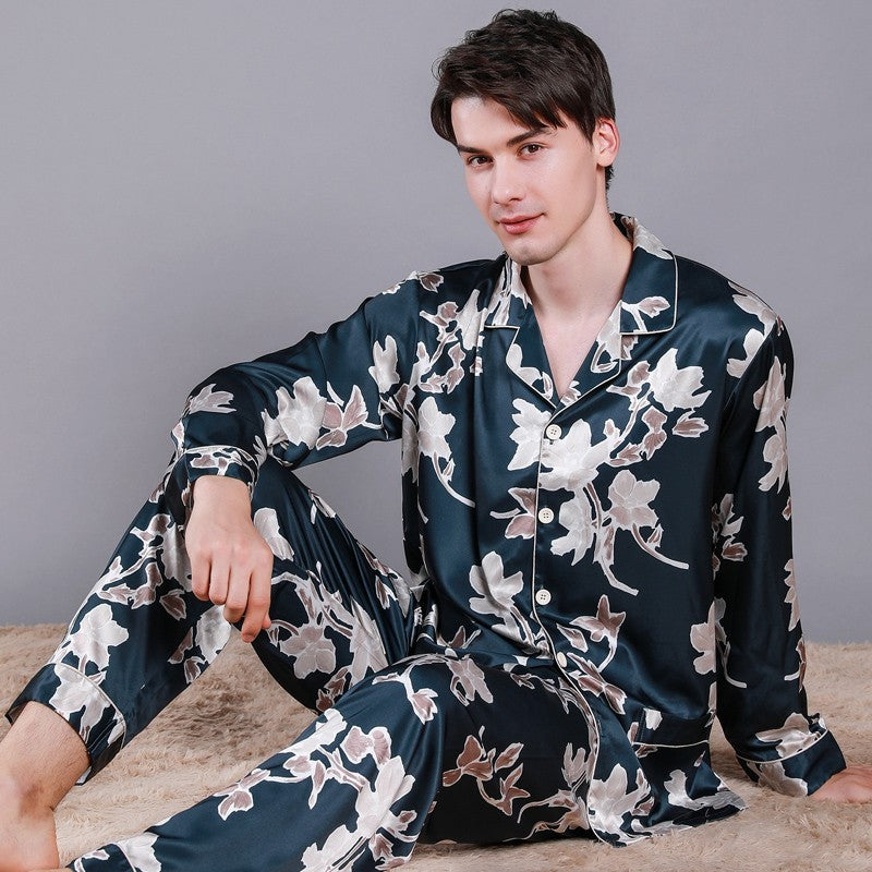 Men's Pajamas Silk Spring Long Sleeve New Print Cardigan Men dealsniper-net Dark Green Flower L