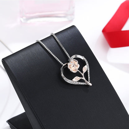 Zircon Heart Rose Silver Necklace For Women Women dealsniper-net