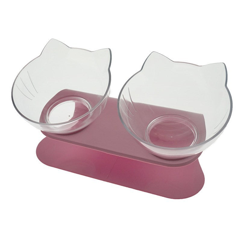 Non Slip Double Cat Bowl With Raised Stand Pet Food Pets dealsniper-net Two clear pink