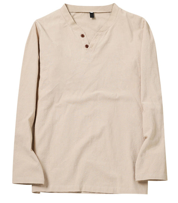 Cotton Linen Men's Long Sleeve V-neck Casual Beach Linen Men DealSniper.net