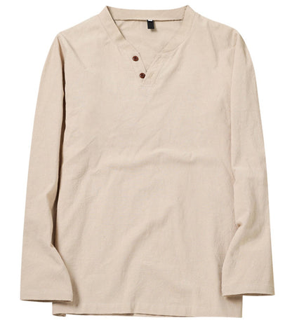 Cotton Linen Men's Long Sleeve V-neck Casual Beach Linen Men DealSniper.net