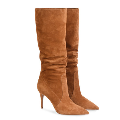 Pointed Suede Brown Stiletto Heel Fashion Mid Tube Knee Length Womens Boots Women dealsniper-net